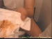 A woman poops on the toilet backwards in the Simone-type position.